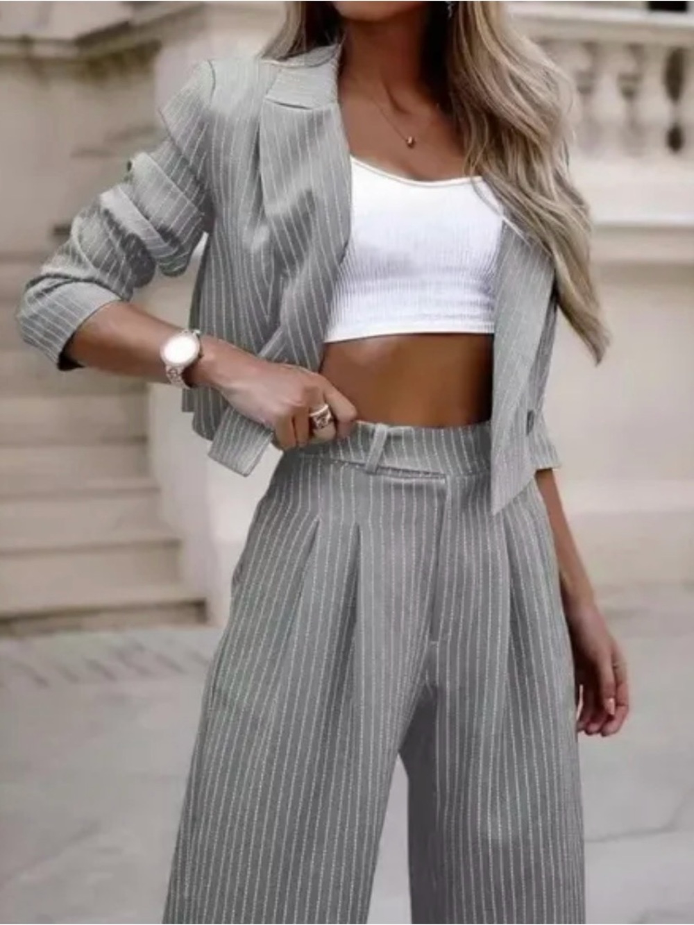 Cropped Pinstripe Wide-Leg Pantsuit - Gray